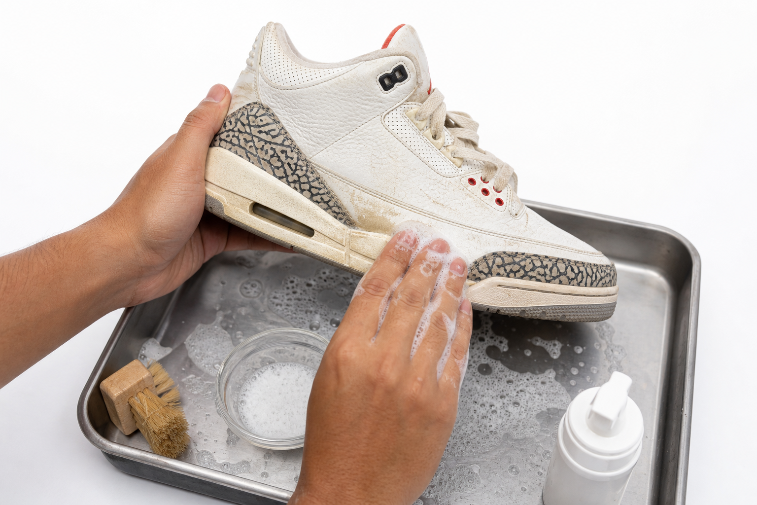 Before and after of a restored white sneaker, half cleaned